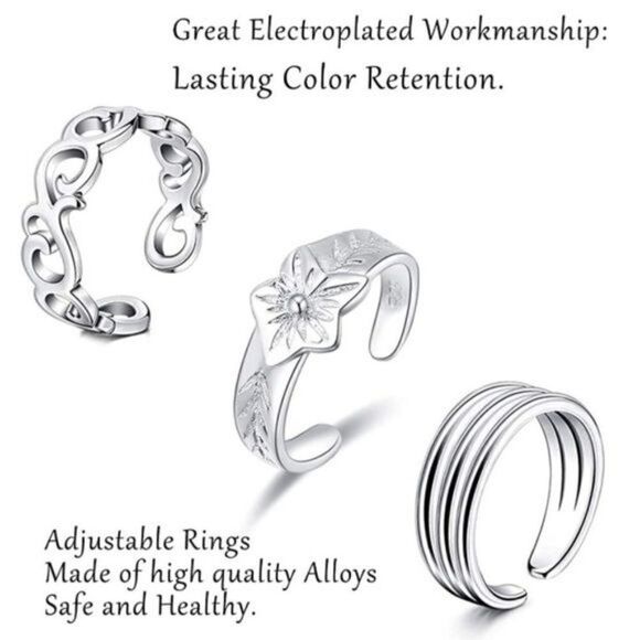 Silver Adjustable Boho Open Toe Rings - Set of 12 - Picture 2 of 4